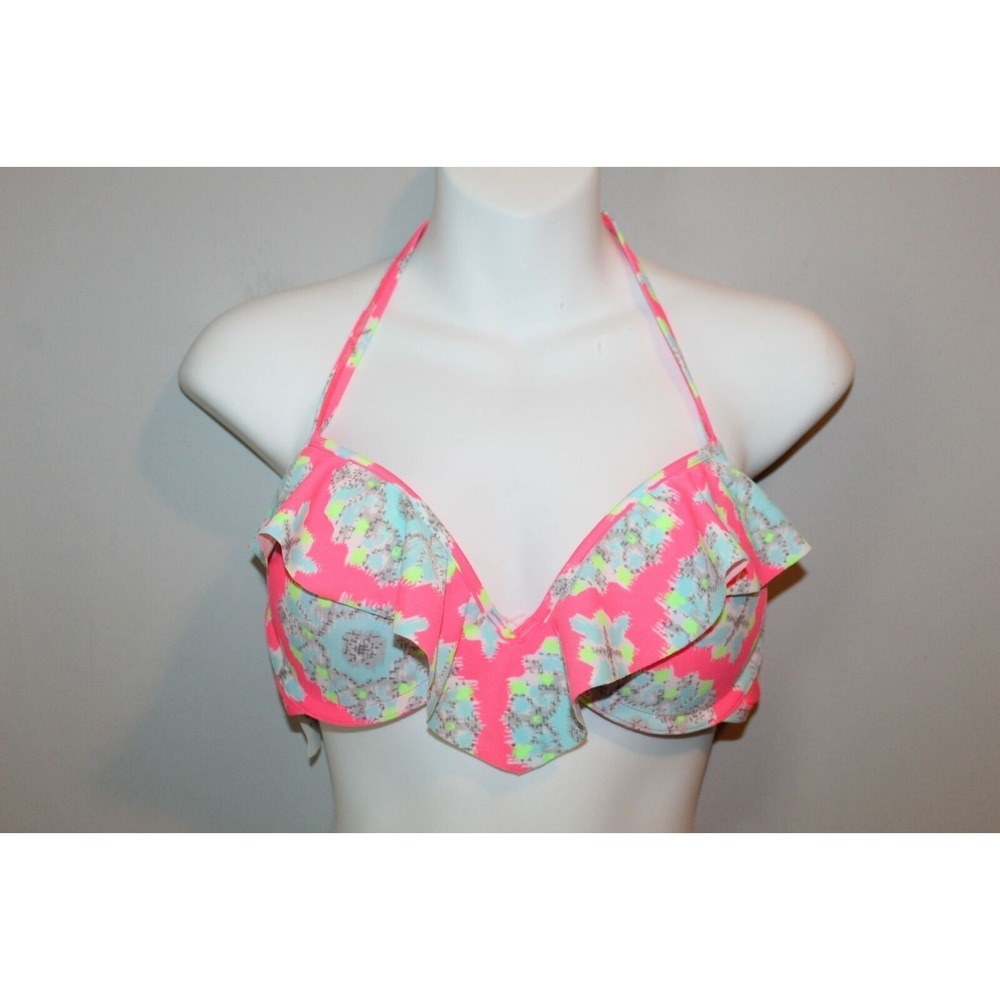 NWT Aerie Halter Bikini Top Pink Multi Colored Swim Ruffle Size 36C HW6741 - Picture 2 of 6